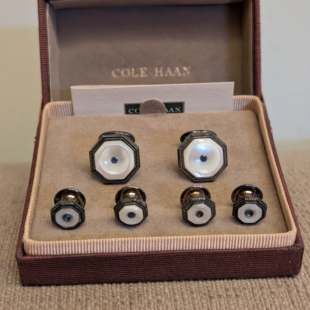 Cole Haan Retro Silver & White Cufflinks Set